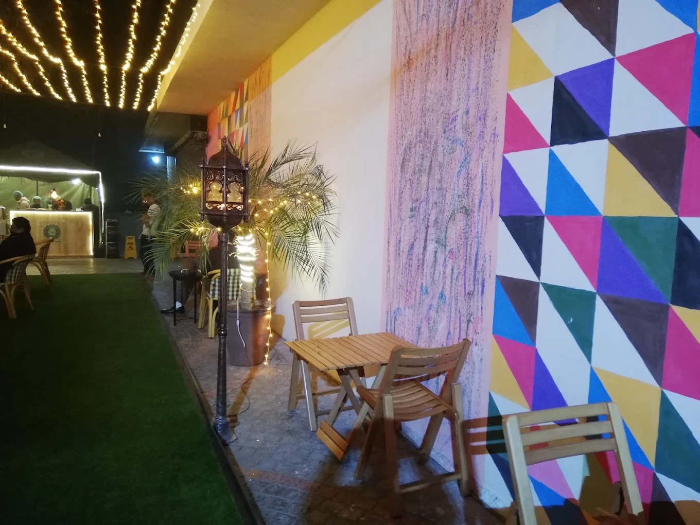 Colourful geometric feature wall