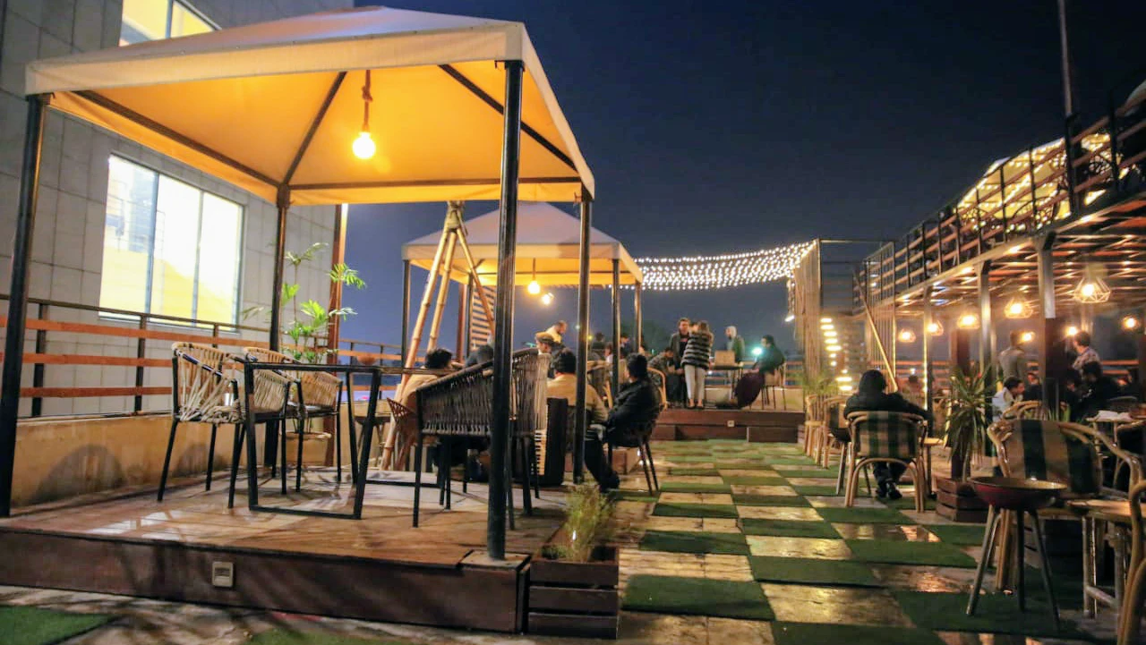 Rooftop seating under gazebo tents